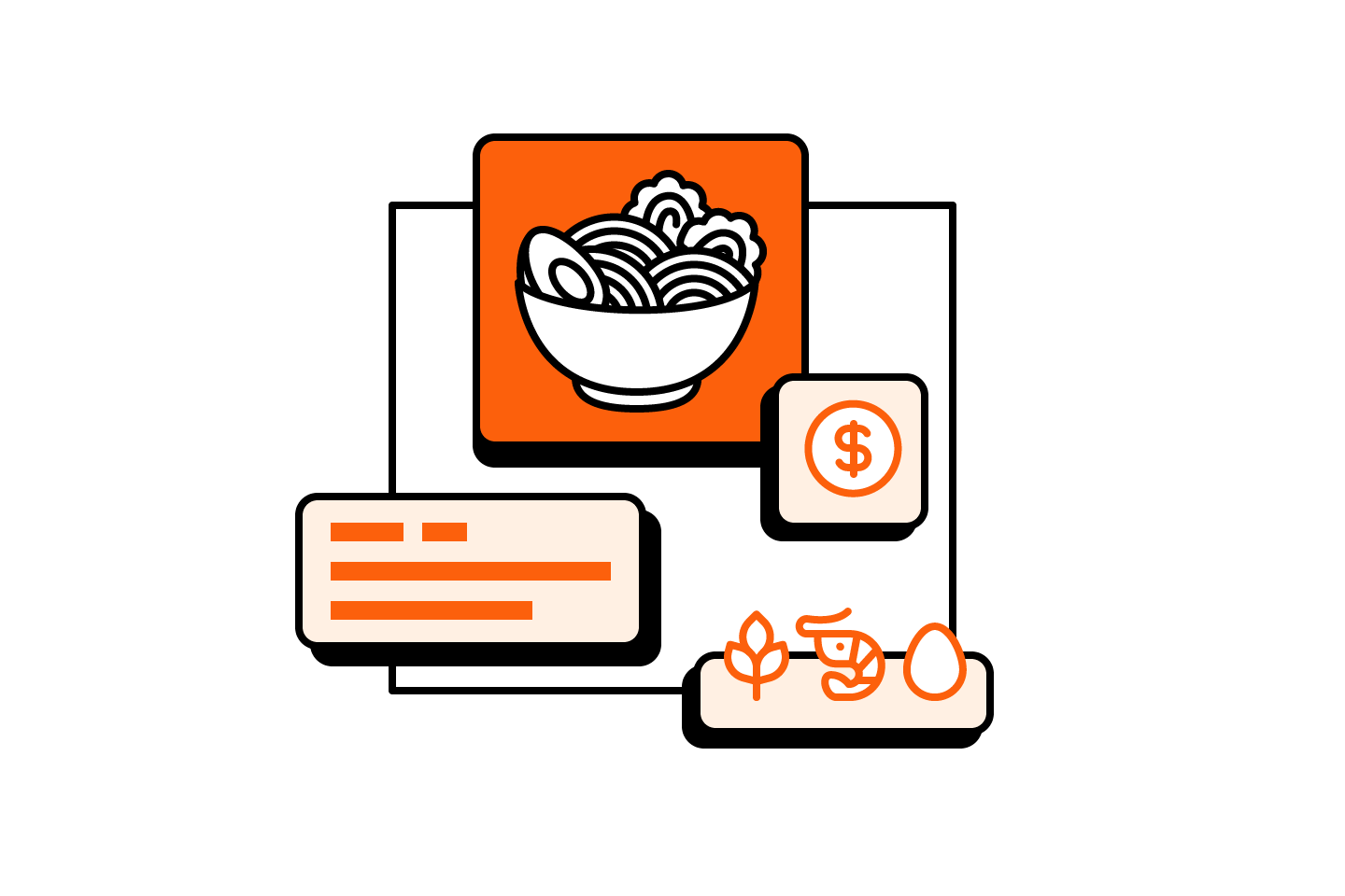 Digital menu item card with a featured dish image, price badge, description lines, and dietary icons