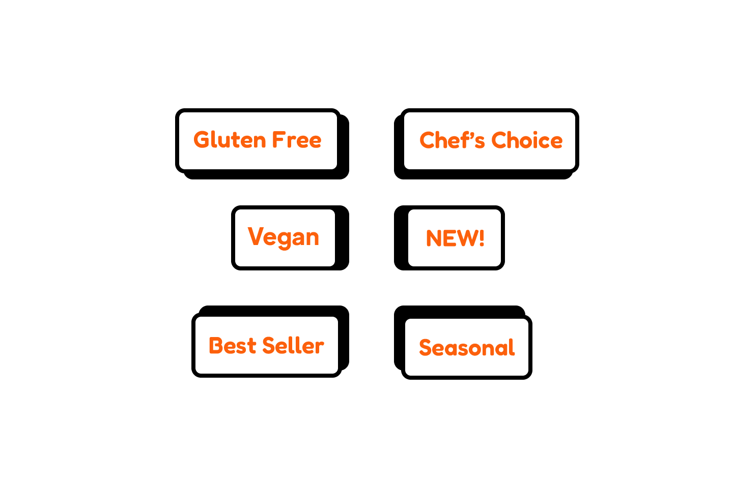 Menu labels for Gluten Free, Chef's Choice, Vegan, New, Best Seller, Seasonal items