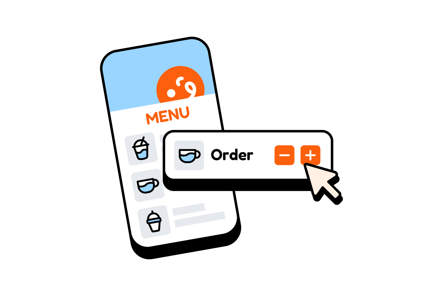 Digital menu with an order card and quantity stepper buttons