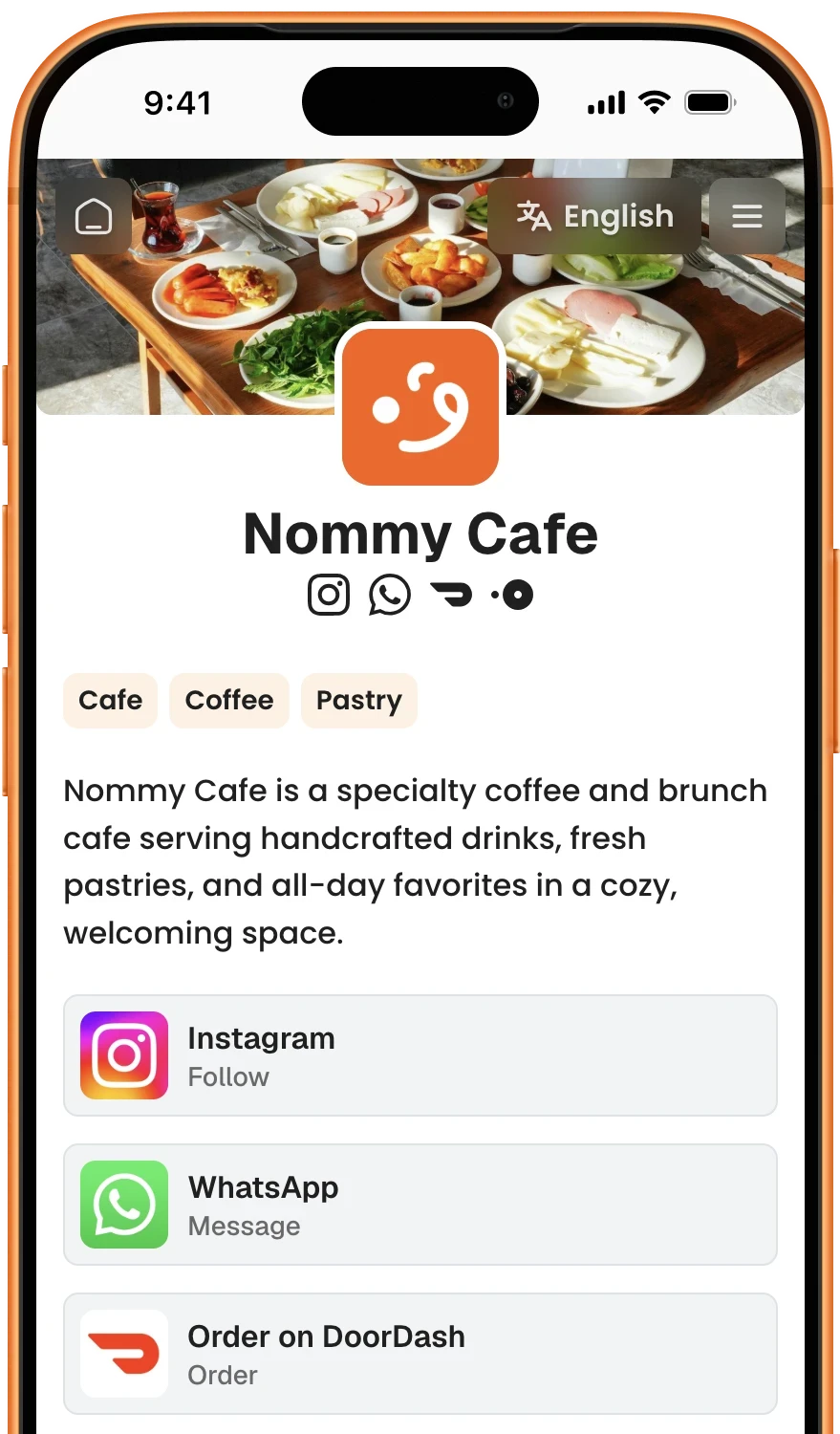 Nommy mobile website home page preview with a hero image, quick links, and food business details