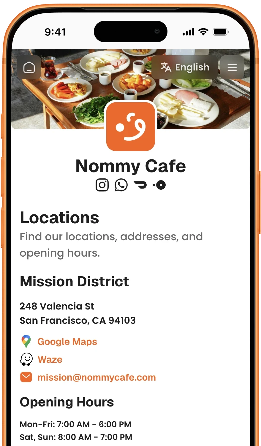 Nommy mobile locations preview with address, opening hours, and map details