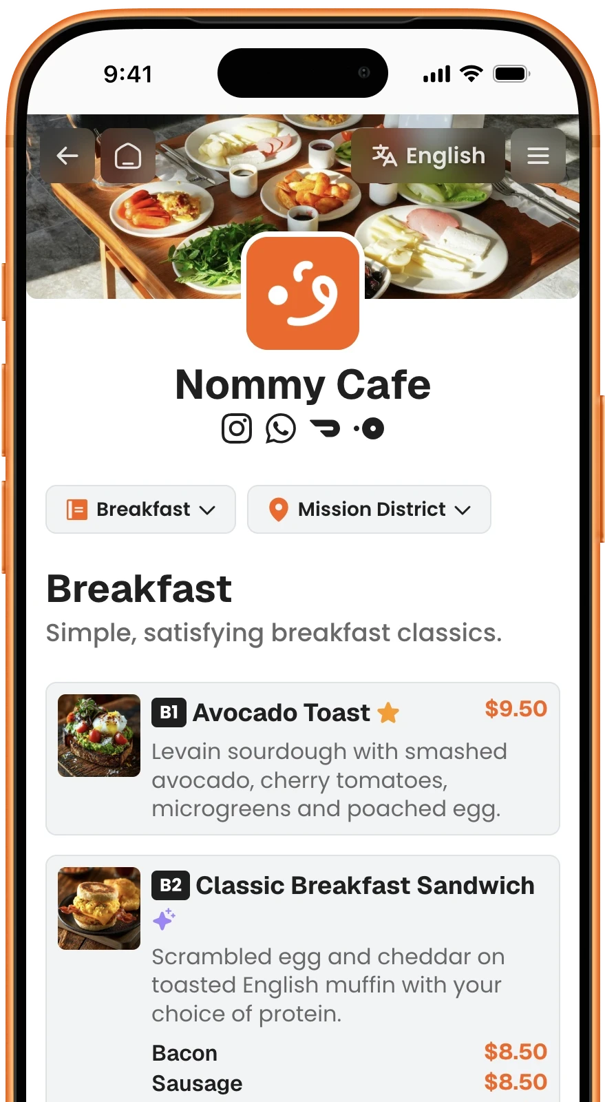 Nommy mobile digital menu preview with menu categories, item photos, and prices