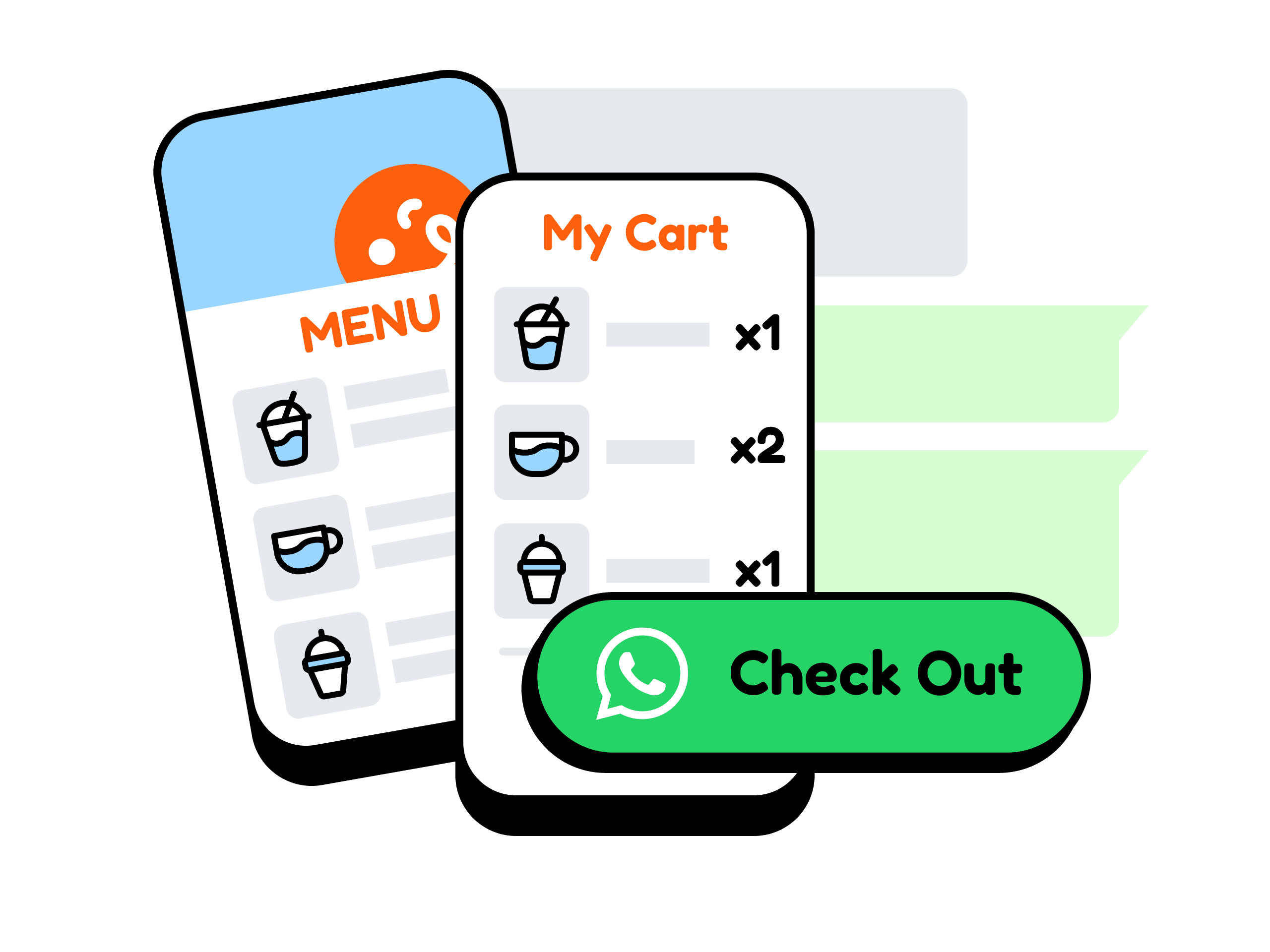 Online ordering illustration with a digital menu, a cart with item quantities, WhatsApp chat bubbles, and a WhatsApp Check Out button