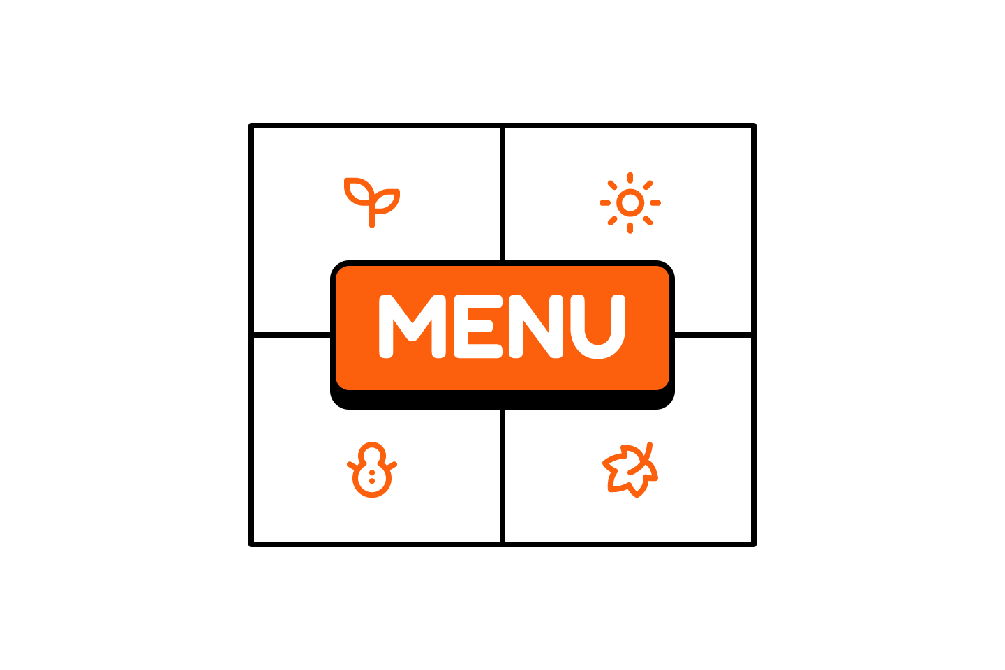 Menu card split into seasonal sections with spring, summer, winter, and autumn icons